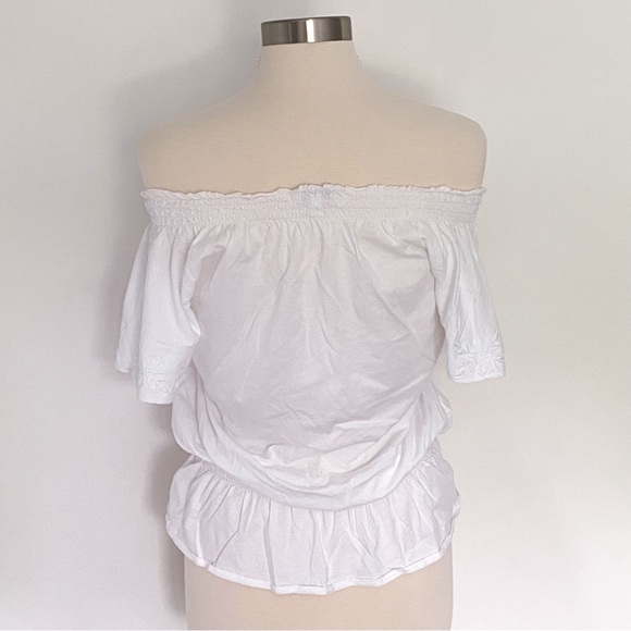 Express Floral Smocked Embroidered Flutter Sleeve Tee White Small INV222 - Picture 10 of 11